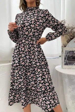 Floral Tiered Frill Trim Midi Dress