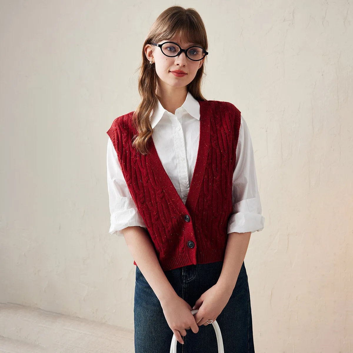 100% Wool Womens Cable Knit Button-Front Vest