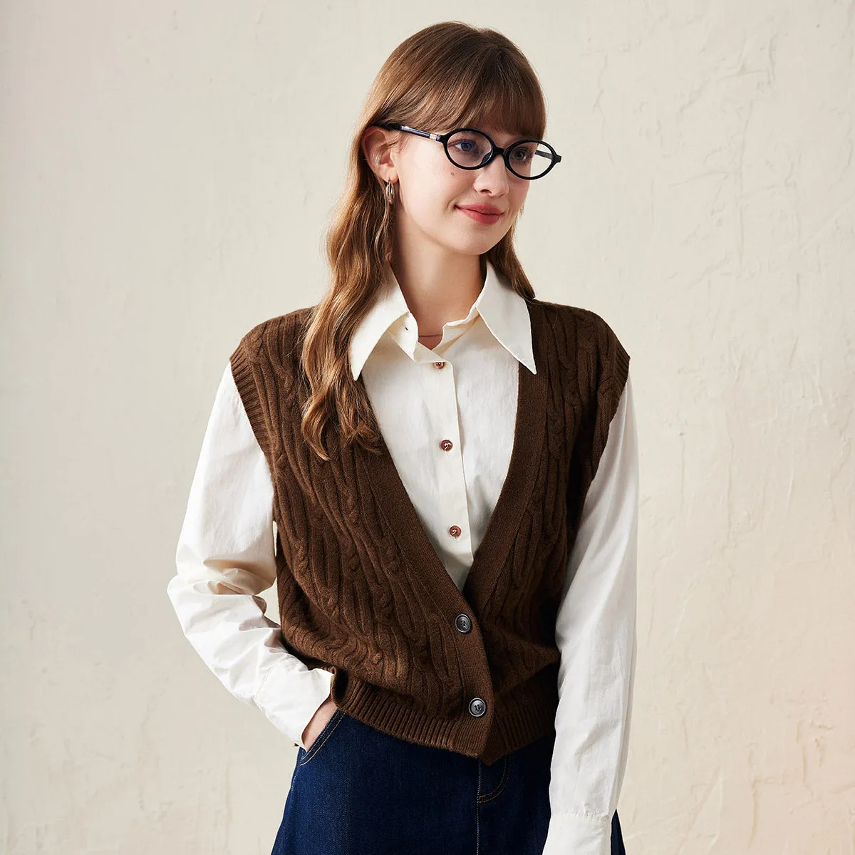 100% Wool Womens Cable Knit Button-Front Vest