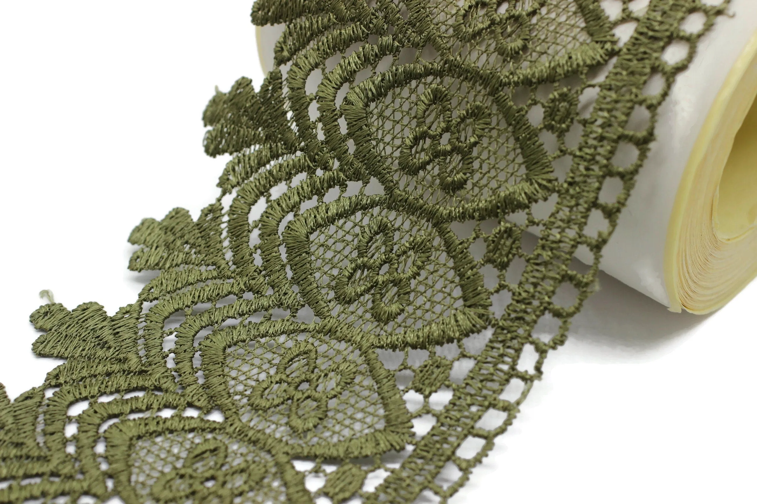 100mm 8 Mt. Olive Green Bridal Guipure Lace Trim | 3.93 Inches Wide Lace Trim | Geometric Bridal Lace | French Guipure | Lace Fabric TRM100