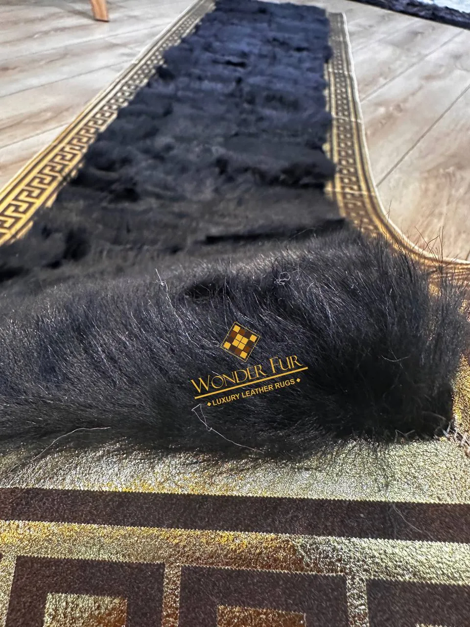 100%Natural Patchwork Black Sheepskin Runner Rug,Handmade Non Slip Rug