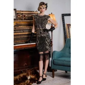 1920s Sequined Flapper Dress - Black & Gold - Hire