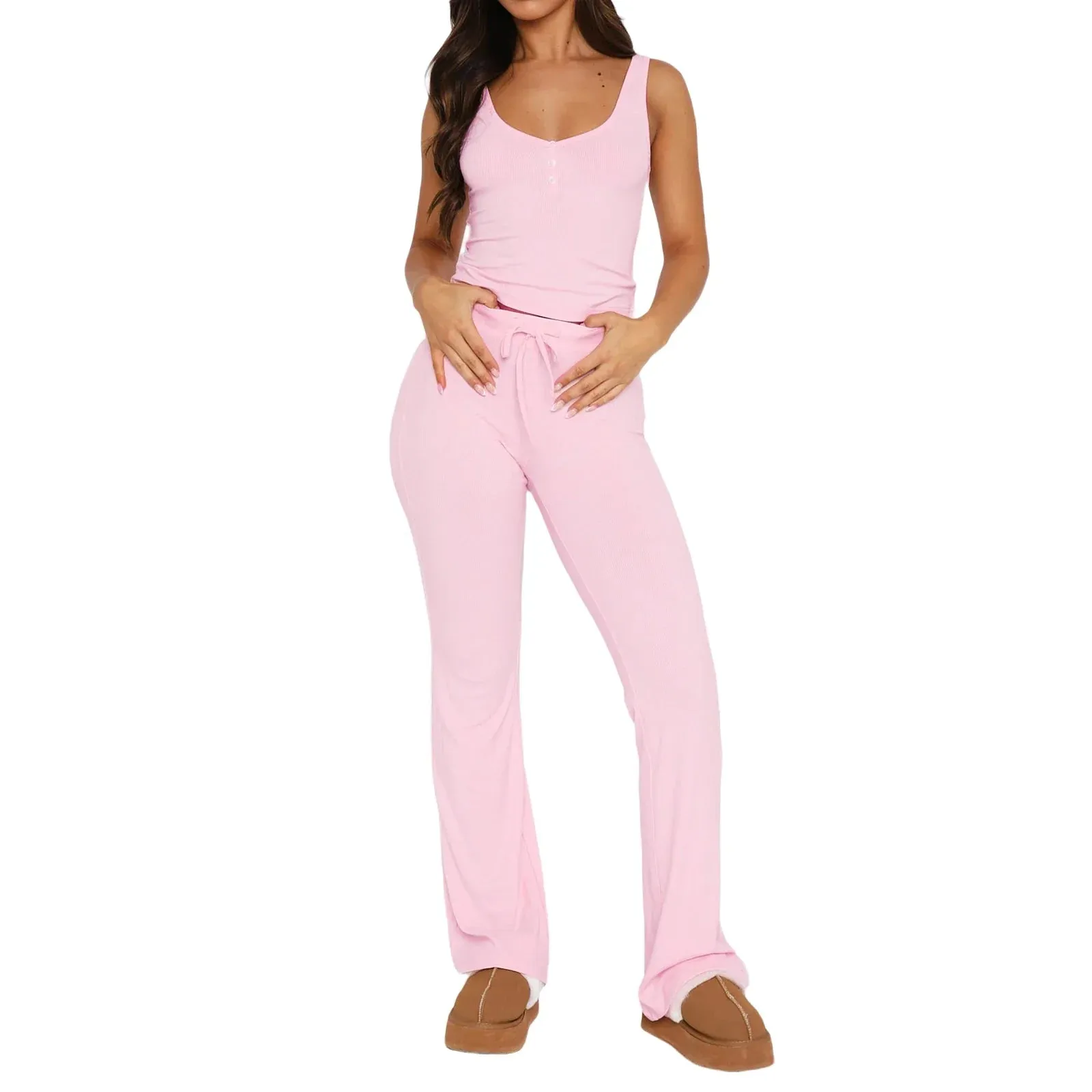 2 Piece Outfits Ribbed Solid Color Sleeveless Tank Tops Solid Color Pajamas Sets Loungewear Summer Pants