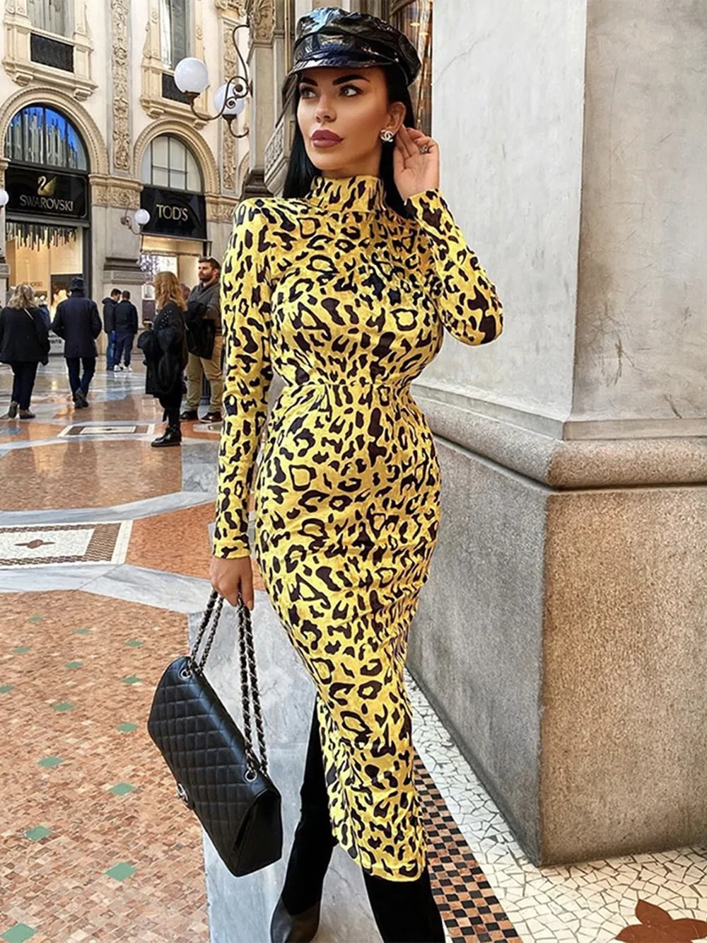 2022 Winter New Fashion Leopard Print Long Dress Elegant Women Long Sleeve Bodycon Dress Celebrity Evening Party Runway Vestidos