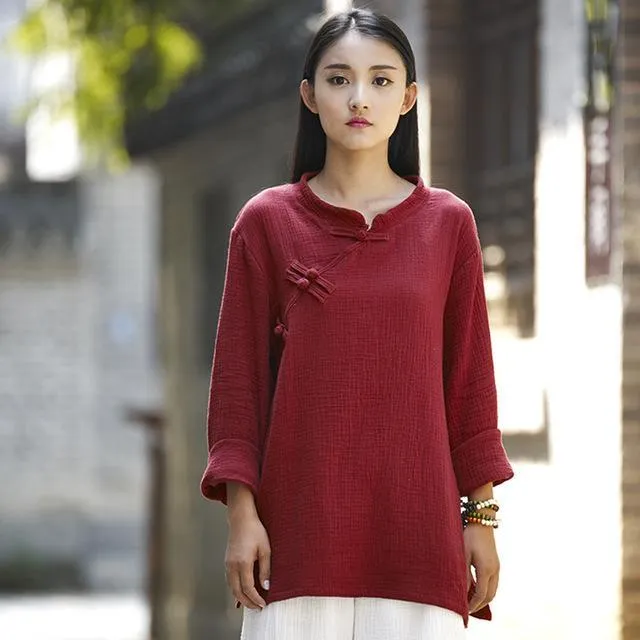 3/4 Sleeve Traditional Chinese Cotton and Linen Blouse  | Zen