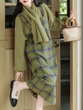 3PS Green Sweater With Plaid Suspender Corduroy Dress