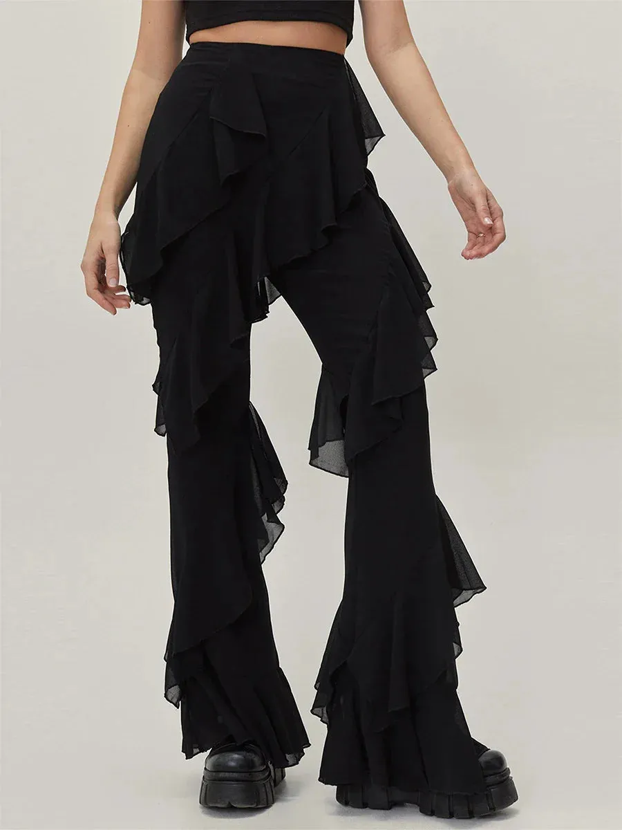 Aesthetic Ruffle Layered Long Solid Color High Waist Wide Leg Trousers Sexy Streetwear Y2K Pants