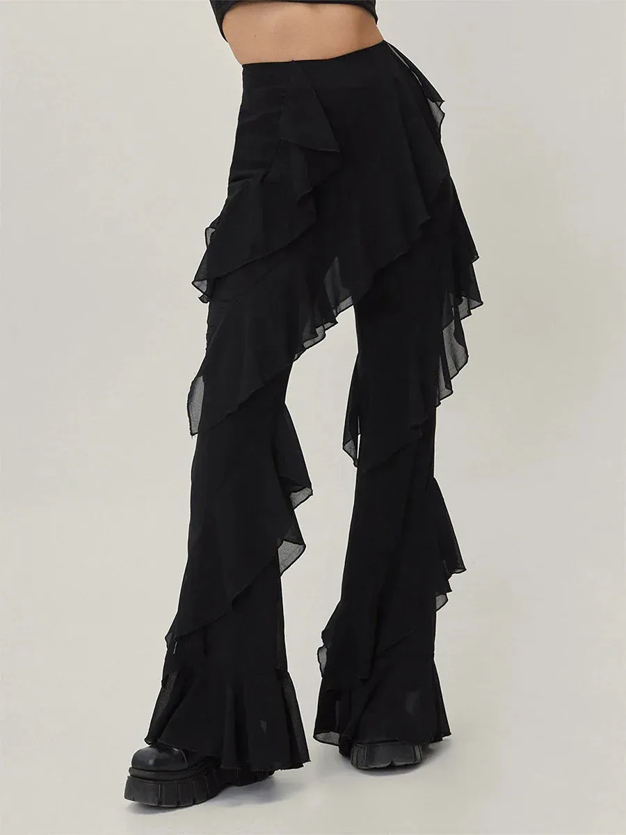 Aesthetic Ruffle Layered Long Solid Color High Waist Wide Leg Trousers Sexy Streetwear Y2K Pants