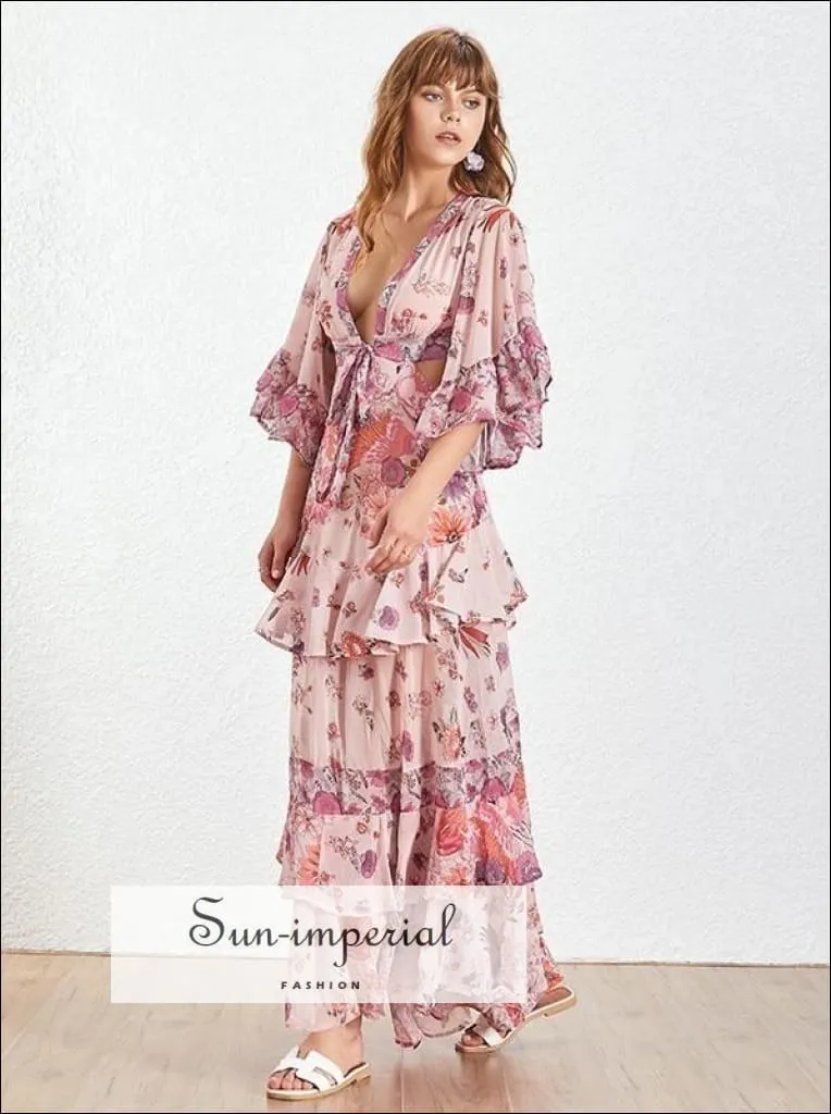 Albi Dress - Floral V Neck Maxi Dress Ruffle Half Sleeve Open back