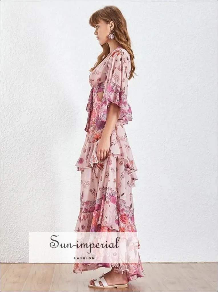 Albi Dress - Floral V Neck Maxi Dress Ruffle Half Sleeve Open back