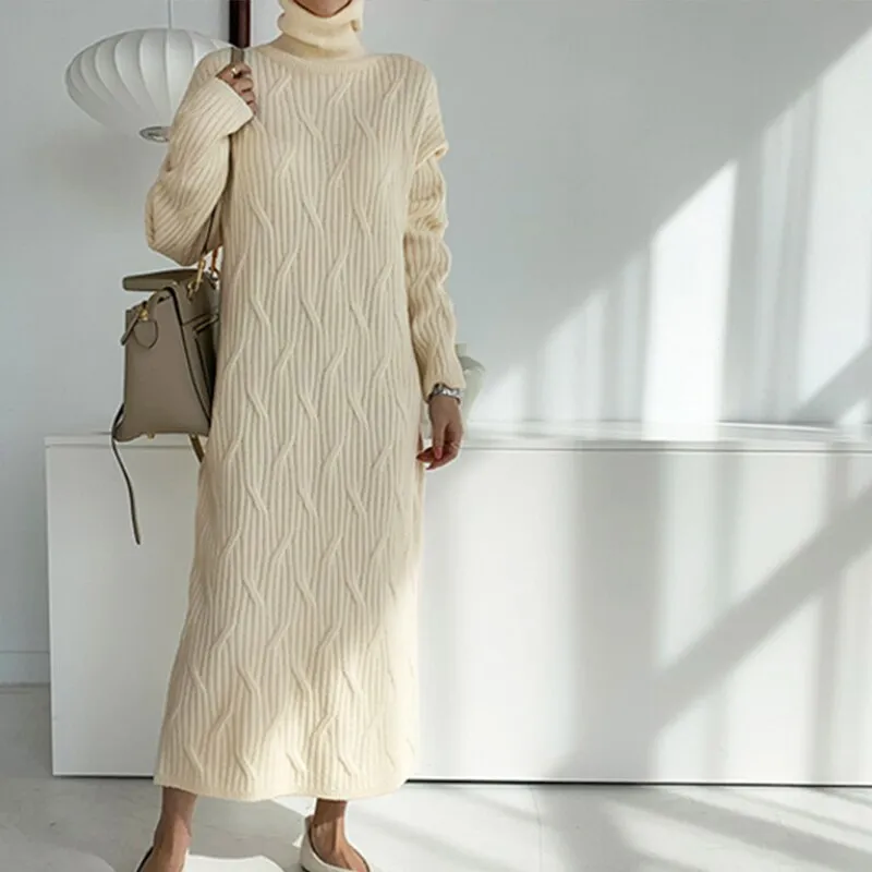 Amozae-Back to College Women's Winter Dress 2024 Thick Warm Loose Straight Pullover Skirt Lady Elegant Turtleneck Midi Winter Rib Knitted Dress