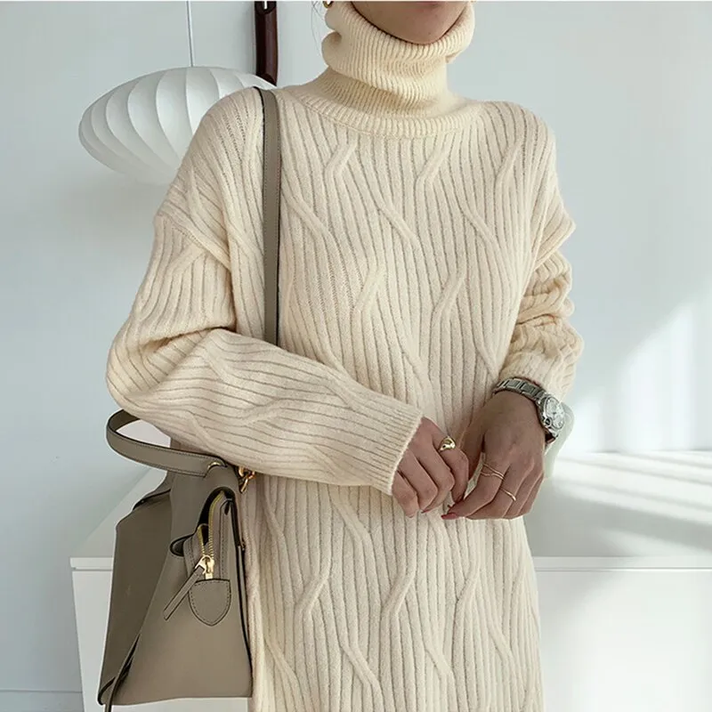 Amozae-Back to College Women's Winter Dress 2024 Thick Warm Loose Straight Pullover Skirt Lady Elegant Turtleneck Midi Winter Rib Knitted Dress