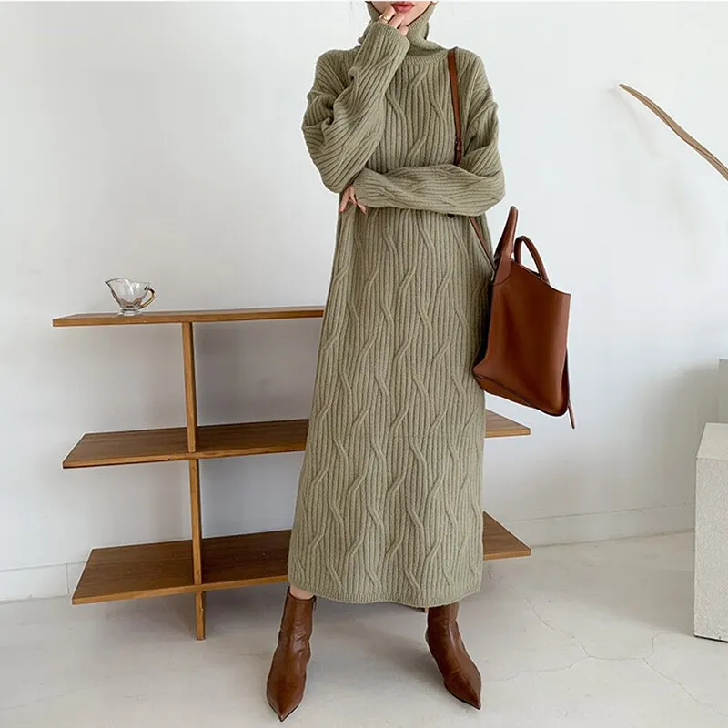 Amozae-Back to College Women's Winter Dress 2024 Thick Warm Loose Straight Pullover Skirt Lady Elegant Turtleneck Midi Winter Rib Knitted Dress