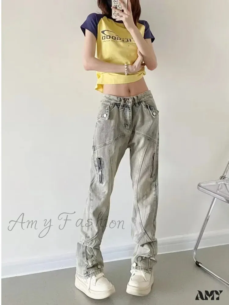 Amy Fashion - Yellow Mud Color Street Zippered High Street Trendy Slimming Micro Flared Jean