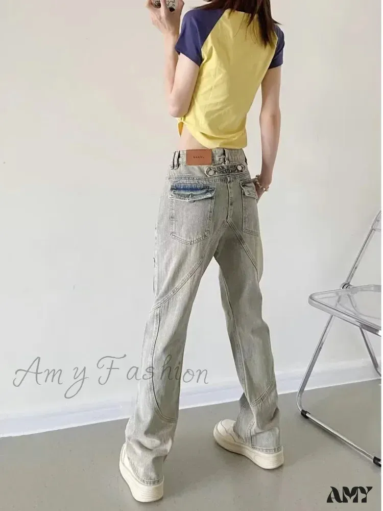 Amy Fashion - Yellow Mud Color Street Zippered High Street Trendy Slimming Micro Flared Jean