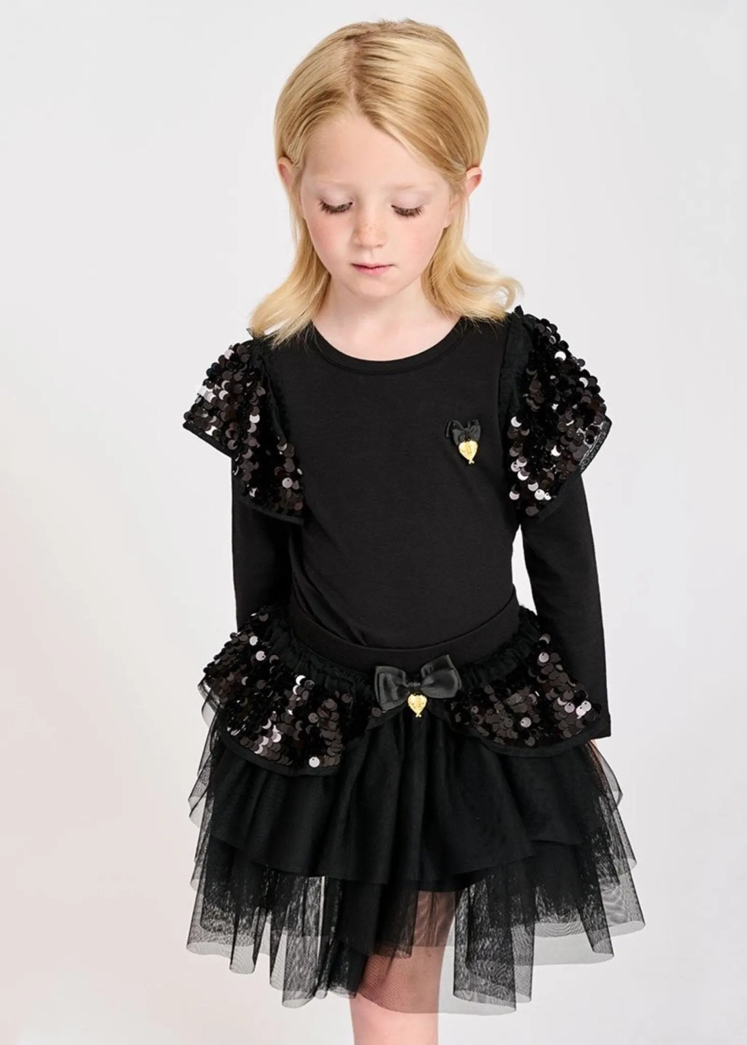 Angel's Face Girls Black Cassia Sequin Shoulder Top