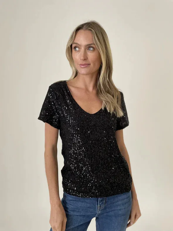 Anna Sequin Scoop Neck Top | Black