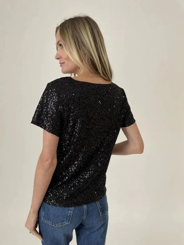 Anna Sequin Scoop Neck Top | Black