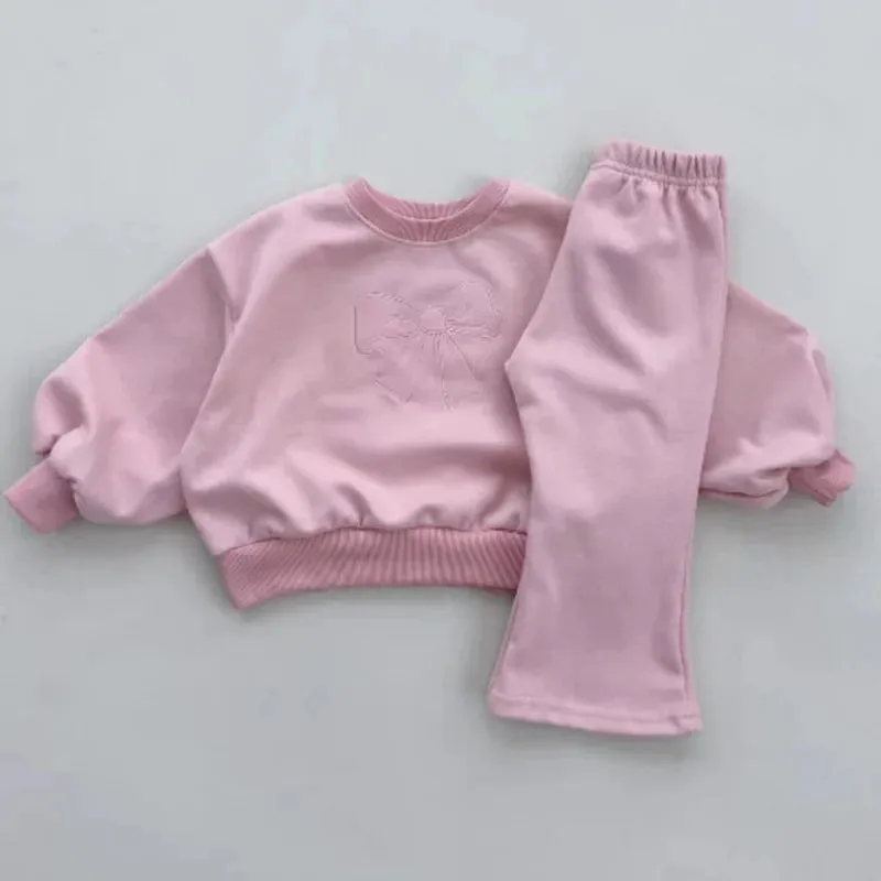 ARWEN AJH 2024 Spring Autumn Fashion Girl Baby Bow Long Sleeve Tops  Solid Flared Pants 2pcs Children Cotton Sweatshirt Set Kids Tracksuit