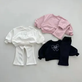 ARWEN AJH 2024 Spring Autumn Fashion Girl Baby Bow Long Sleeve Tops  Solid Flared Pants 2pcs Children Cotton Sweatshirt Set Kids Tracksuit