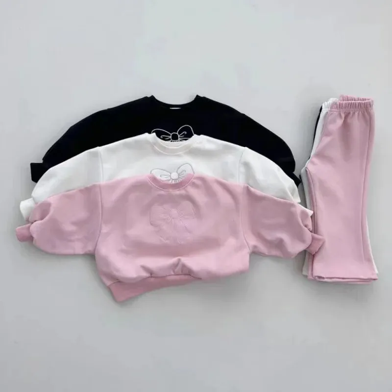 ARWEN AJH 2024 Spring Autumn Fashion Girl Baby Bow Long Sleeve Tops  Solid Flared Pants 2pcs Children Cotton Sweatshirt Set Kids Tracksuit