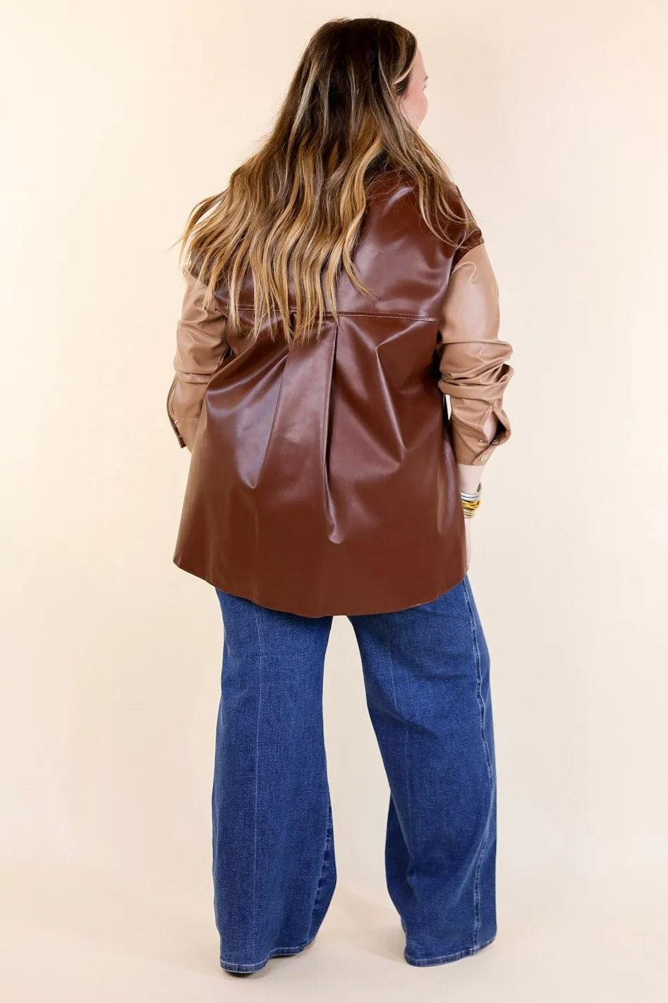 Autumn Event Faux Leather Color Block Shacket in Brown Mix