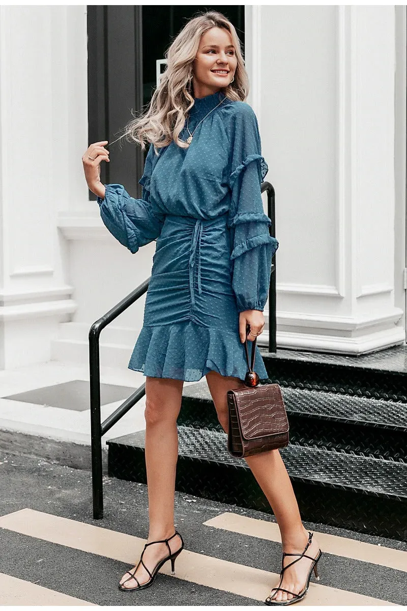 Autumn Polka Dot Elegant Winter Long Sleeve Ruffle Drawstring Office Retro Party Mini Dress