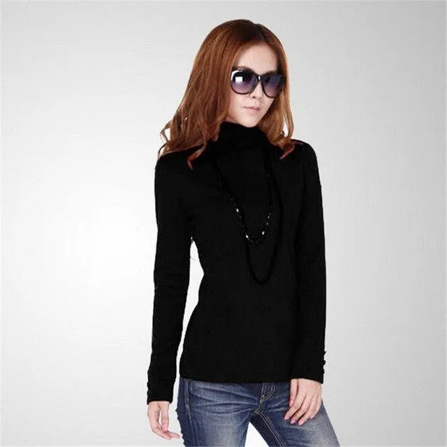 Autumn Turtleneck Women T-shirt Sleeve Button Plus Size M-4XL T shirt Pure Color Casual Tshrit Female Cotton T shirt Tops 31976