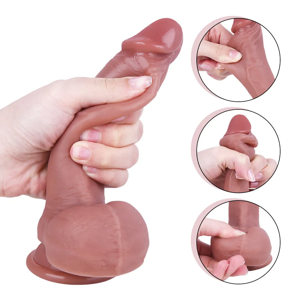 B96 Classic Dual-Layer Liquid Silicone Moving Foreskin Dildo Suction Cup with Balls 7.1 Inch