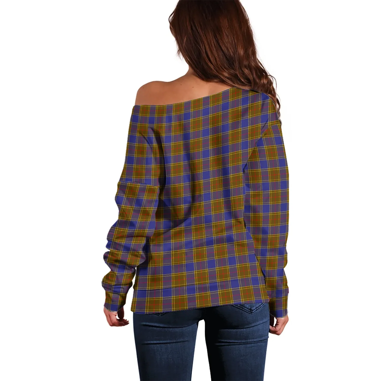 Balfour Tartan Off Shoulder Women Sweater with Family Crest