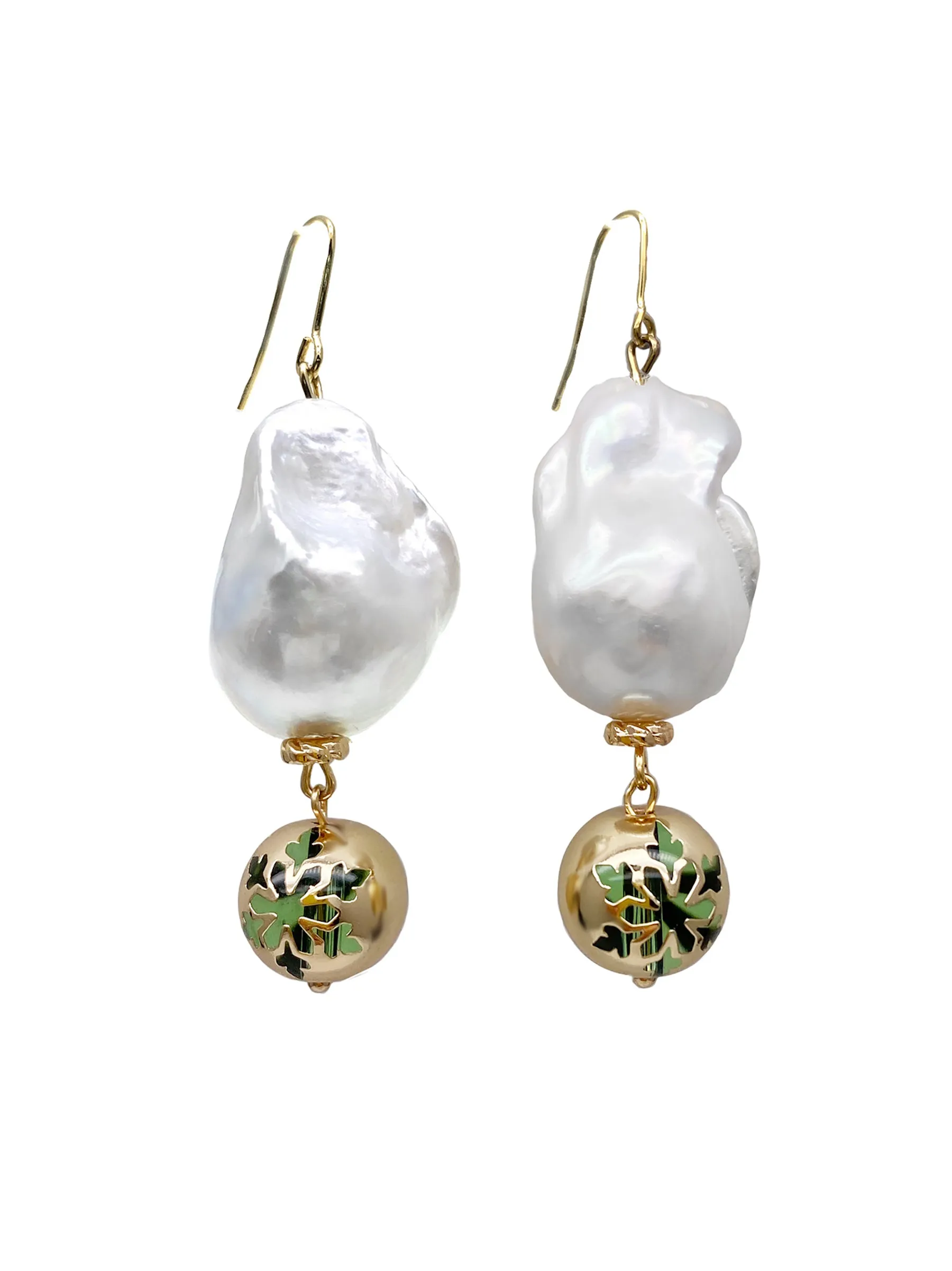 Baroque Pearls With Christmas Snowflake Gold Ball Dangle Earrings HE017