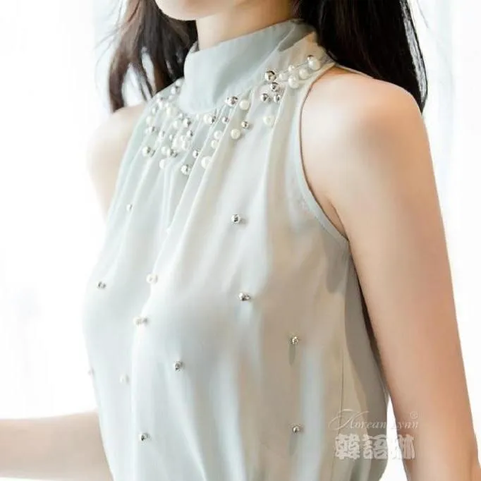 Beading Chiffon Turtleneck Sleeveless Blouse