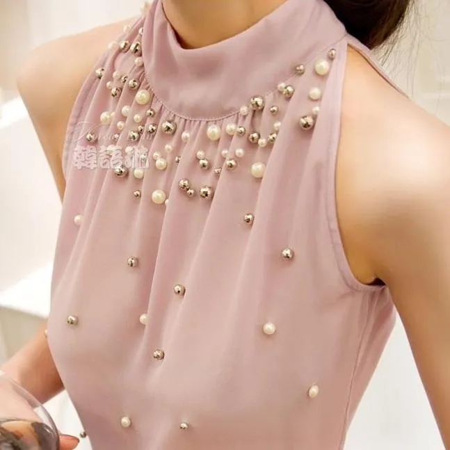 Beading Chiffon Turtleneck Sleeveless Blouse