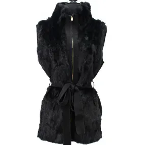 Belted Rabbit Fur Front Vest-Black