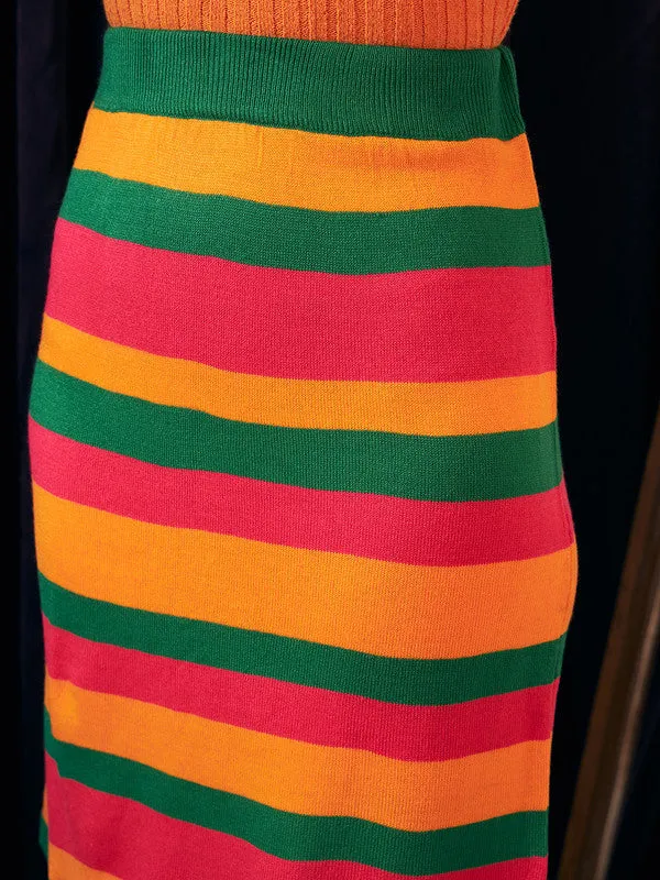 Berrylush Women Colourblocked Green, Yellow, & Pink High-Rise Waist Acrylic Straight Hem Knitted Pencil Midi Skirt