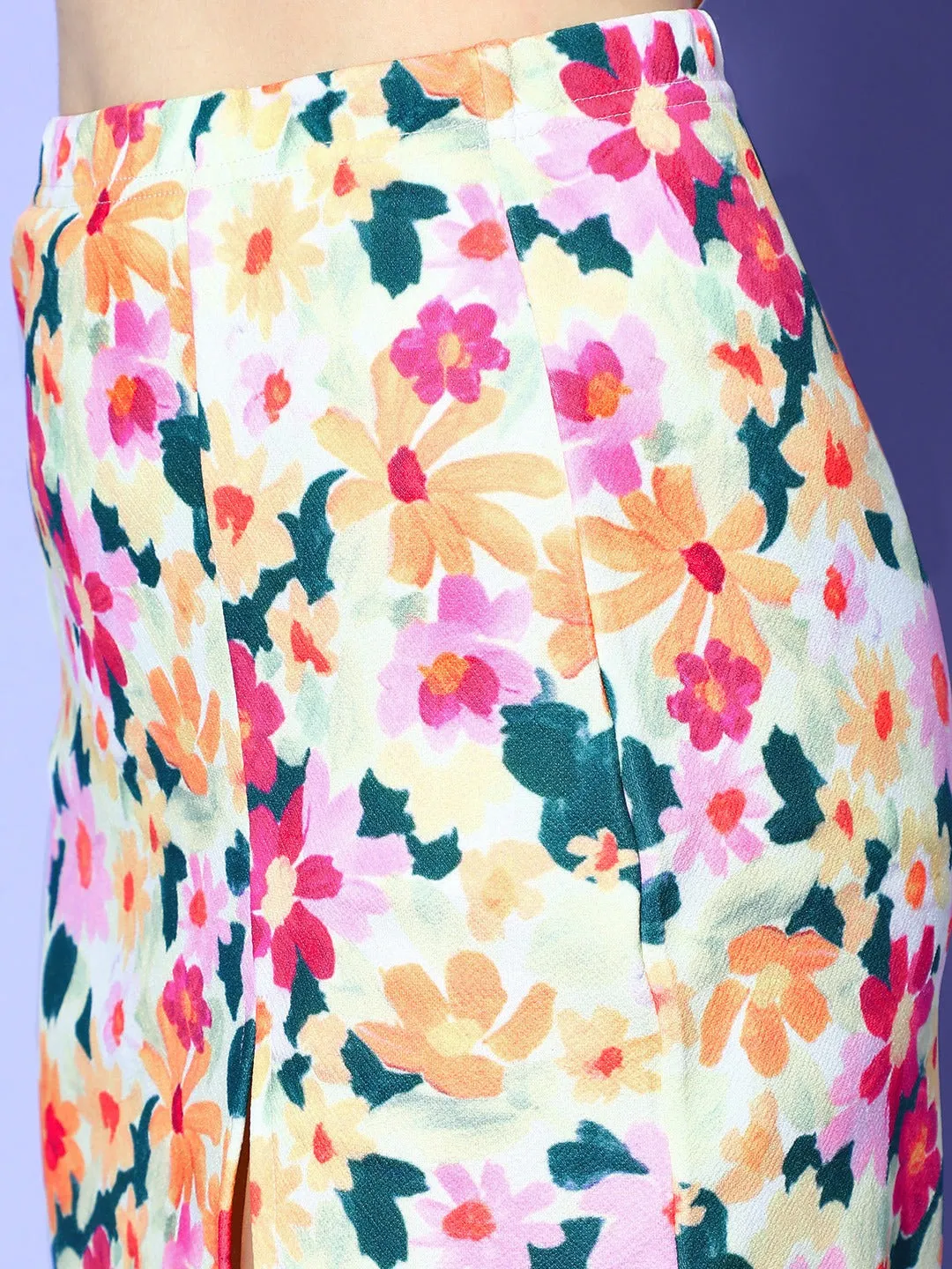 Berrylush Women White, Pink, & Yellow Floral Printed High-Rise Waist Side Slit Pencil Mini Skirt