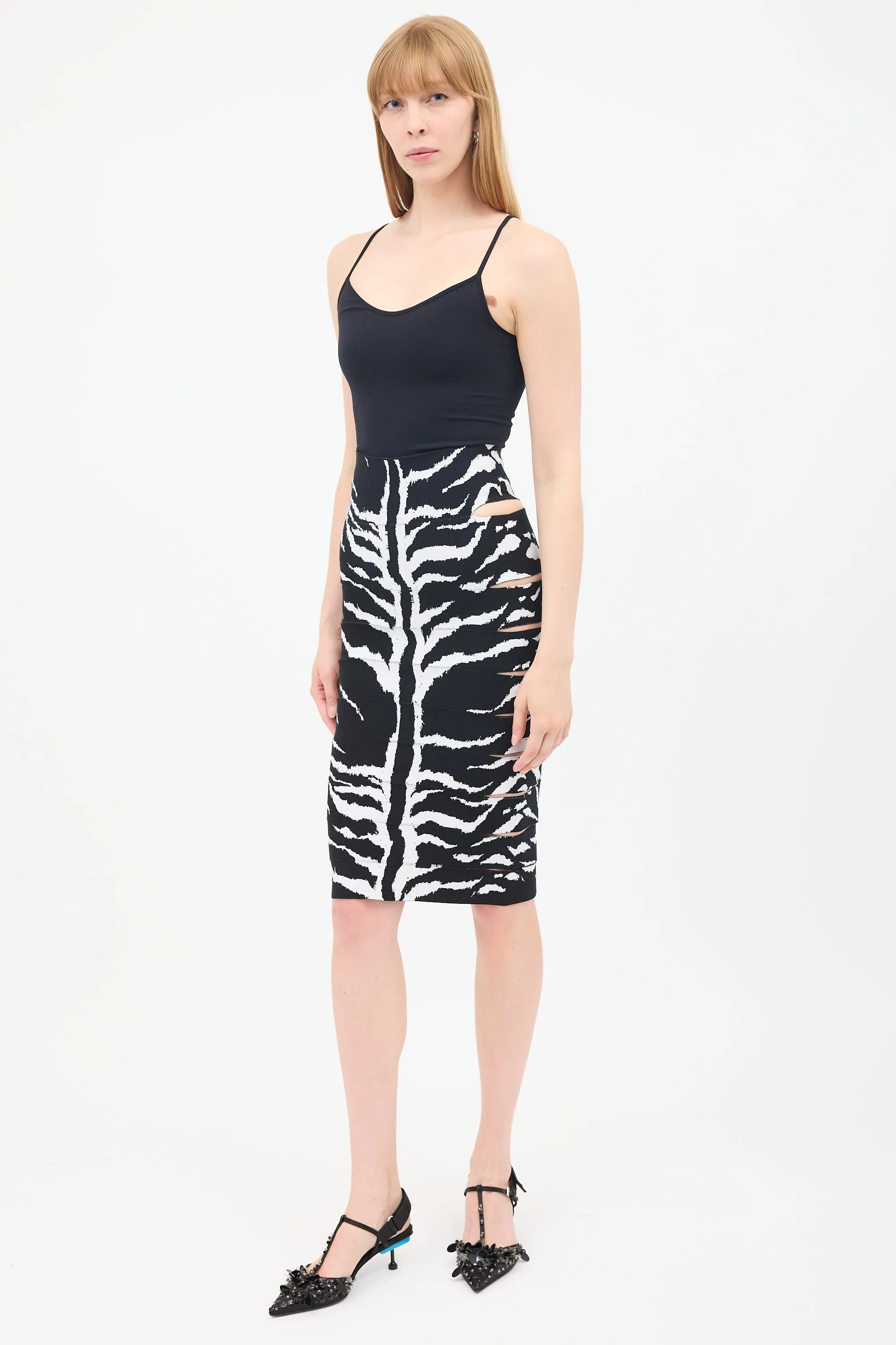 Black & White Printed Jacquard Cutout Pencil Skirt