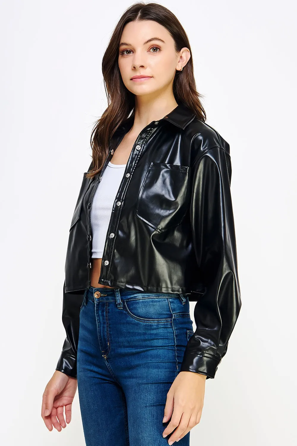 Black Cropped Faux Leather Shacket