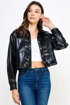 Black Cropped Faux Leather Shacket