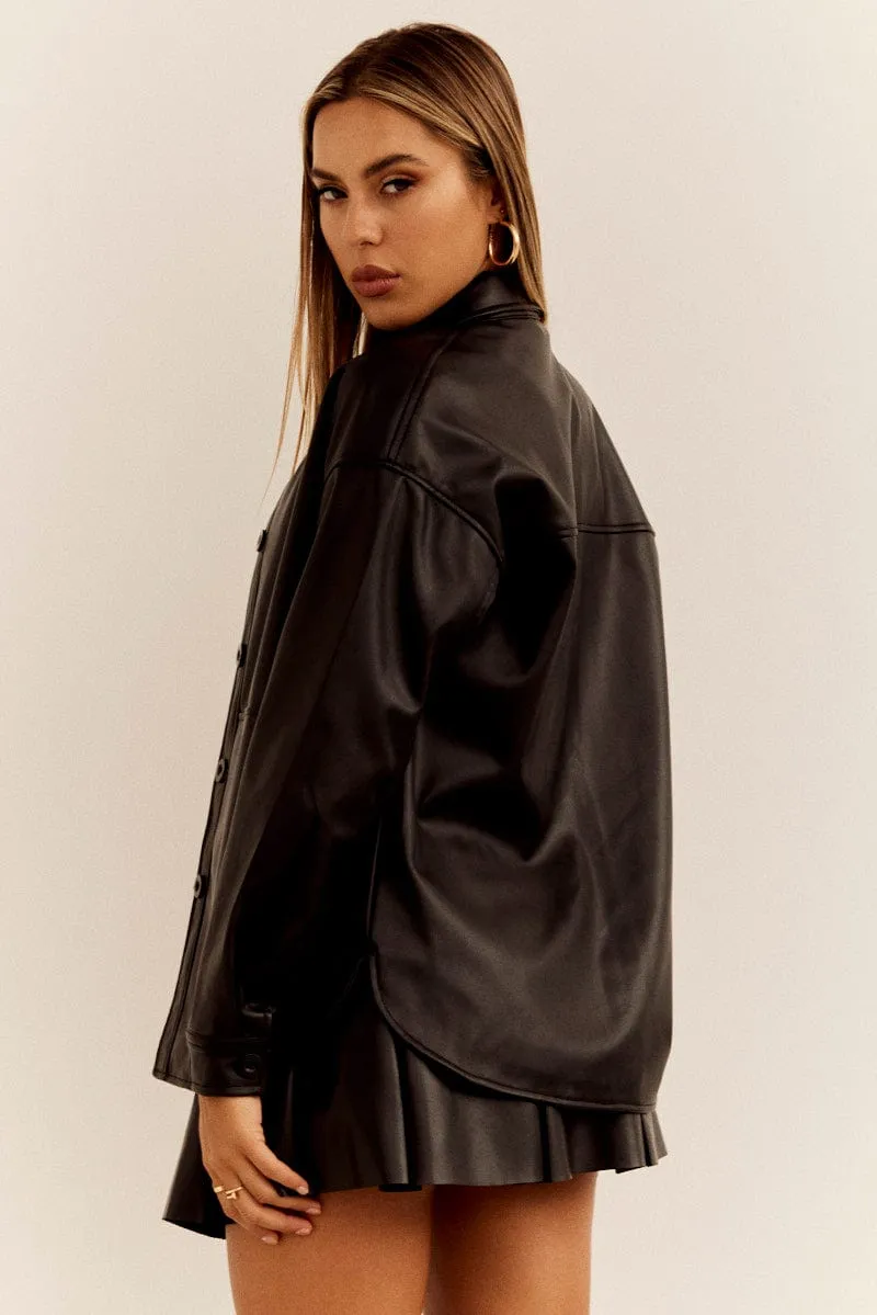 Black Faux Leather Shacket Long Sleeves