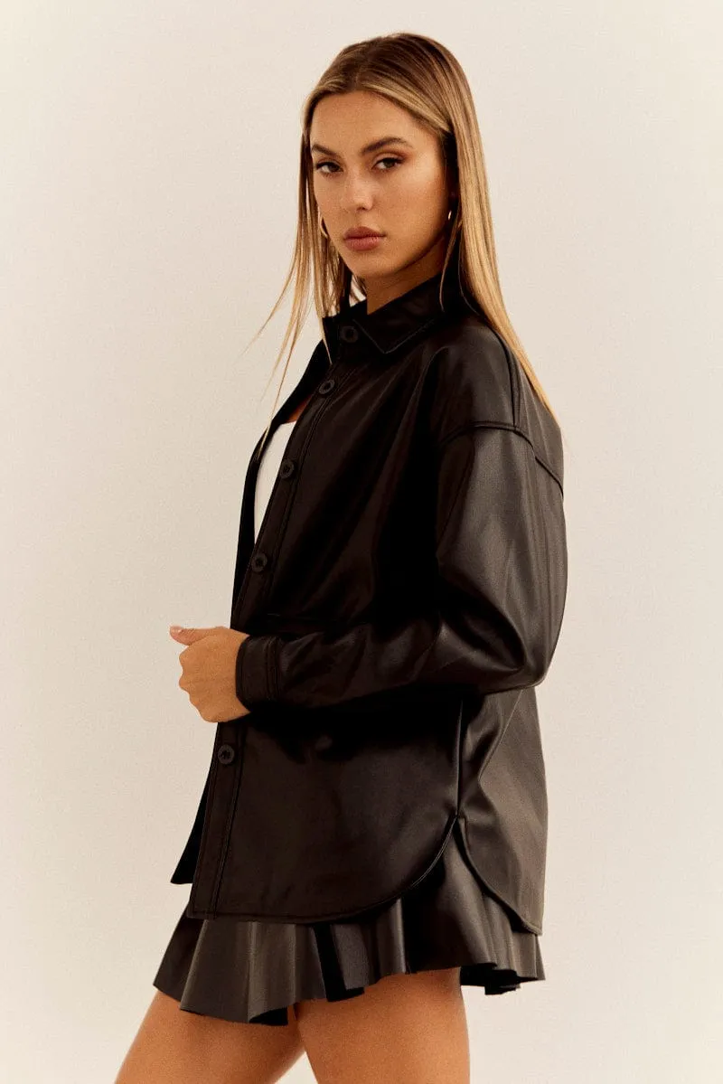 Black Faux Leather Shacket Long Sleeves