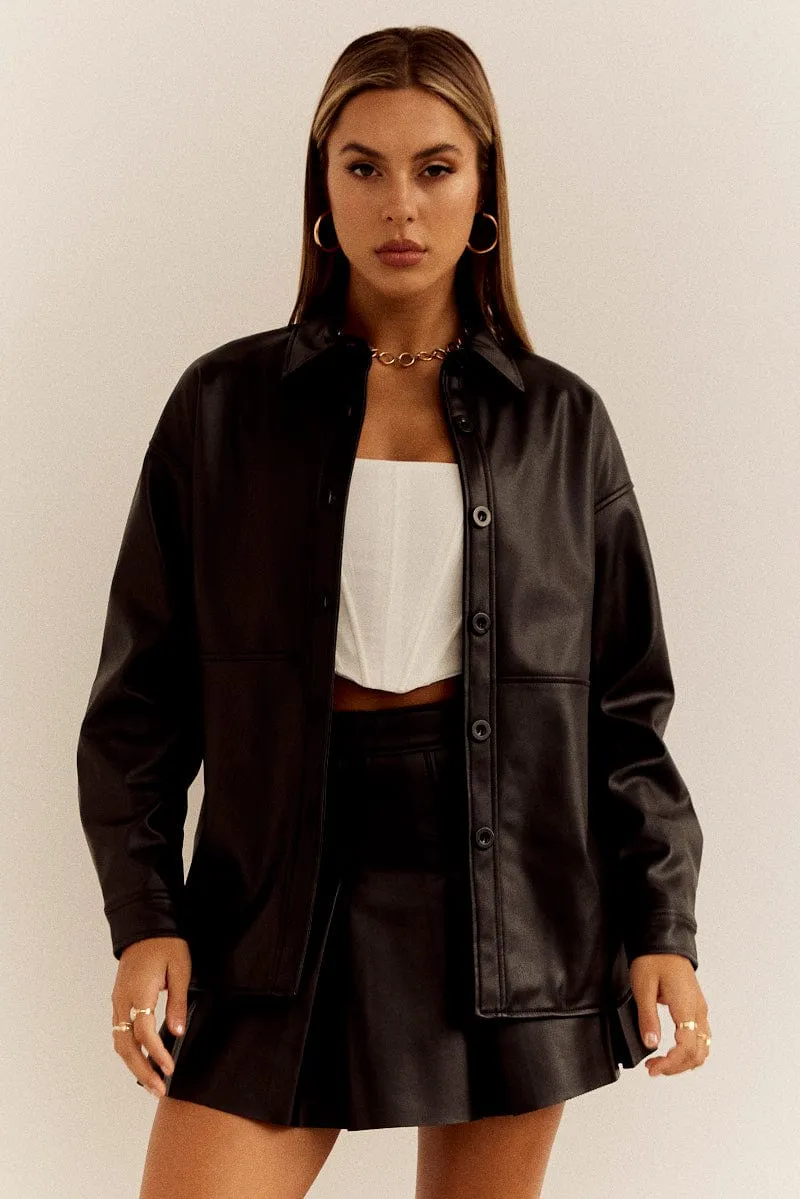 Black Faux Leather Shacket Long Sleeves