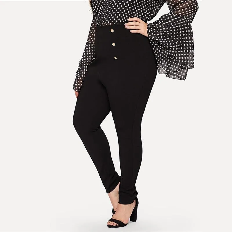 Black High Waist Double Breasted Zipper Closure Pencil Pants Women Plus Size Trousers