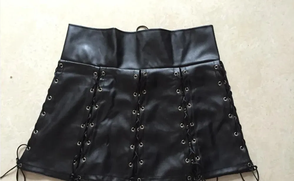 Black Lace Up PU Leather Skirt