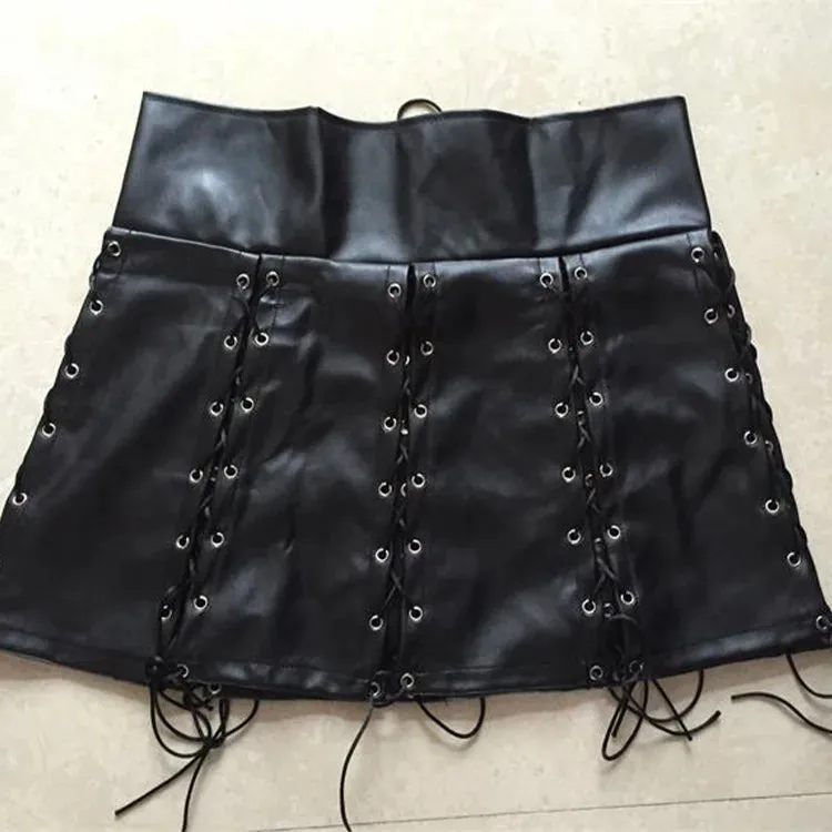 Black Lace Up PU Leather Skirt