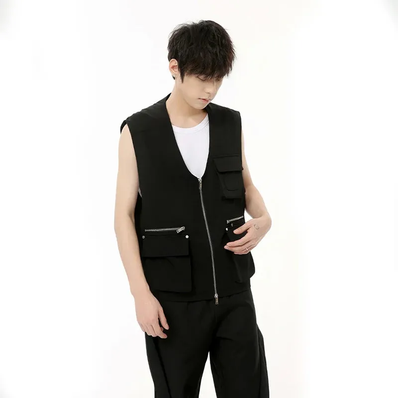 Black Multi-Pockets Zipper Vest