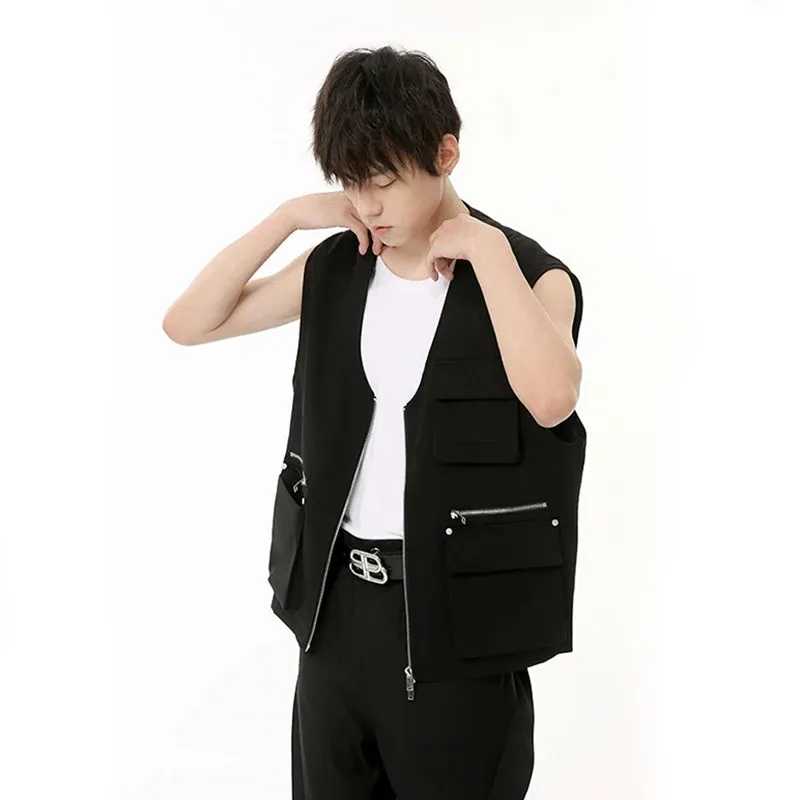 Black Multi-Pockets Zipper Vest