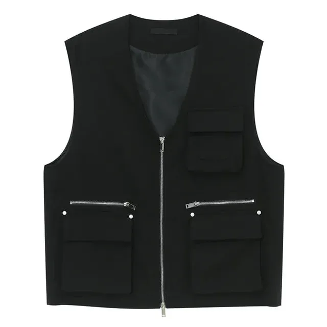 Black Multi-Pockets Zipper Vest