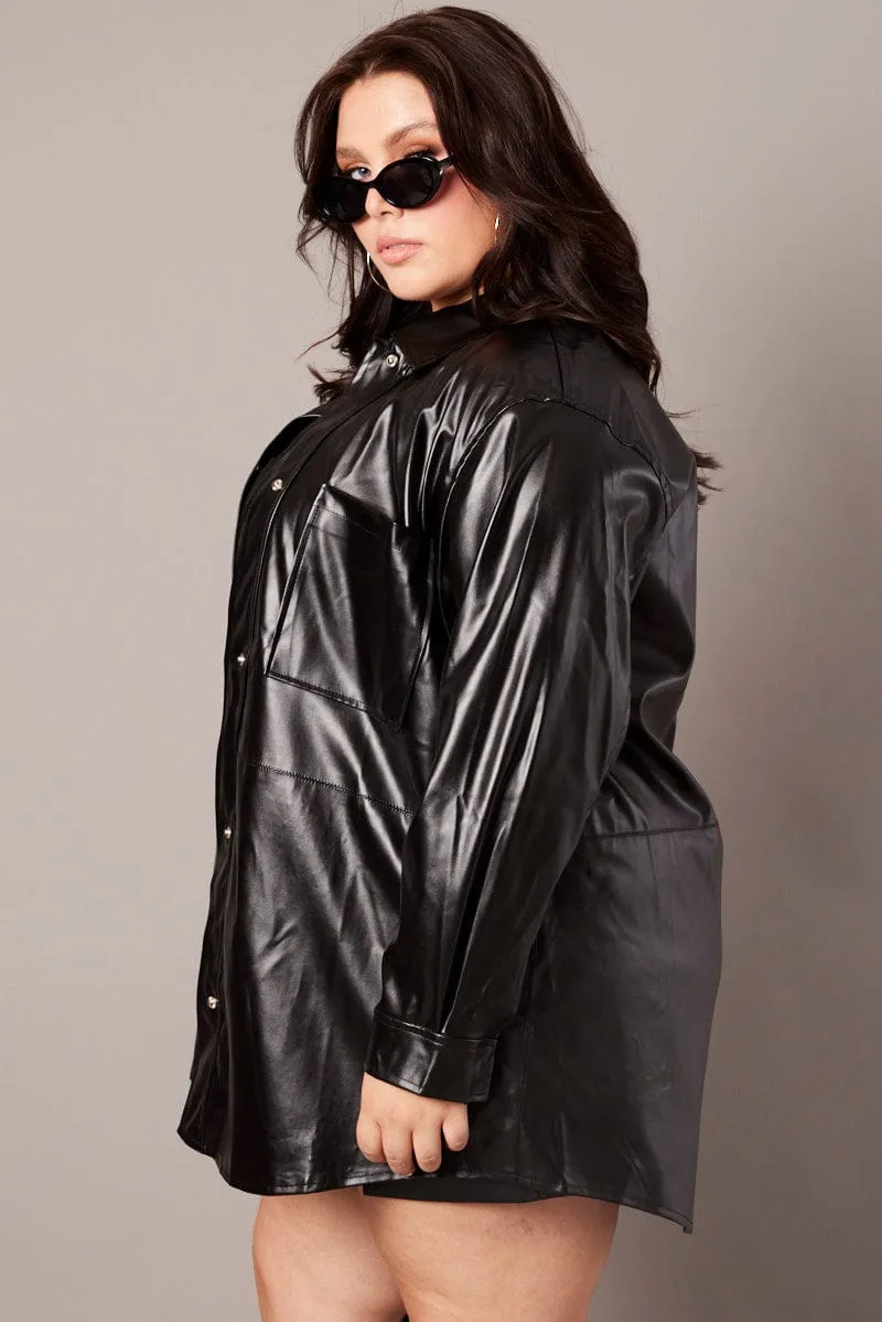 Black Pocket Faux Leather Longline Shacket