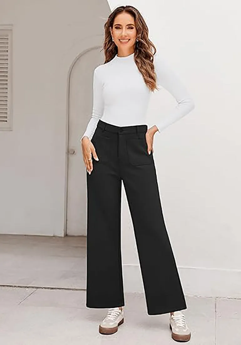 Black Women's  High Waist Relaxed Fit Wide Leg Cropped Length Style Casual Pants With Pockets